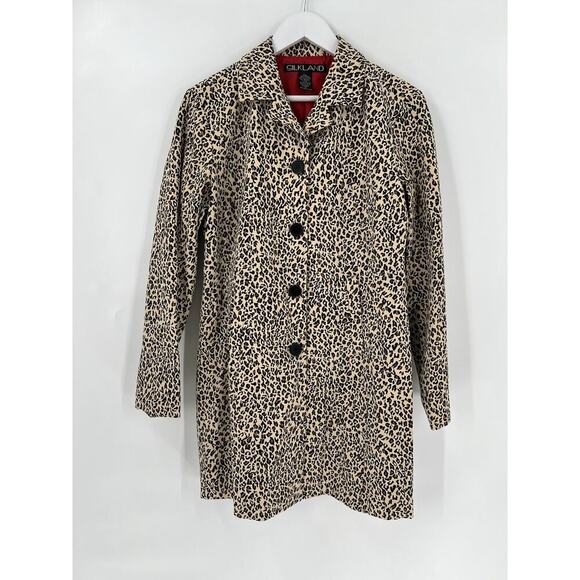 Silkland Vintage Coat Womens 10 Leopard Print Beige Black 90s Button Peacoat - Picture 1 of 16